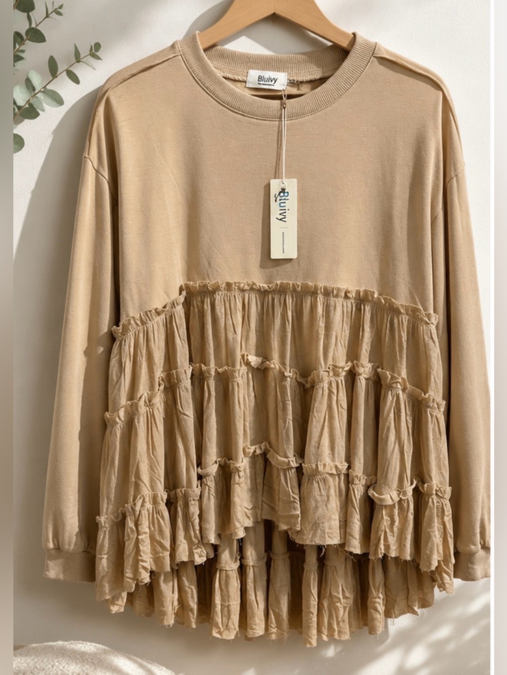 💕NEW Bluivy Tan Ruffle-Tiered Long Sleeve Pullover💕